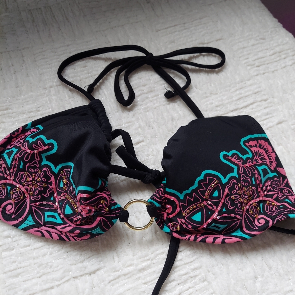 Xhilaration Black Bikini Top Pink- Teal Floral Accents Beads Gold Ring Sz M Swim